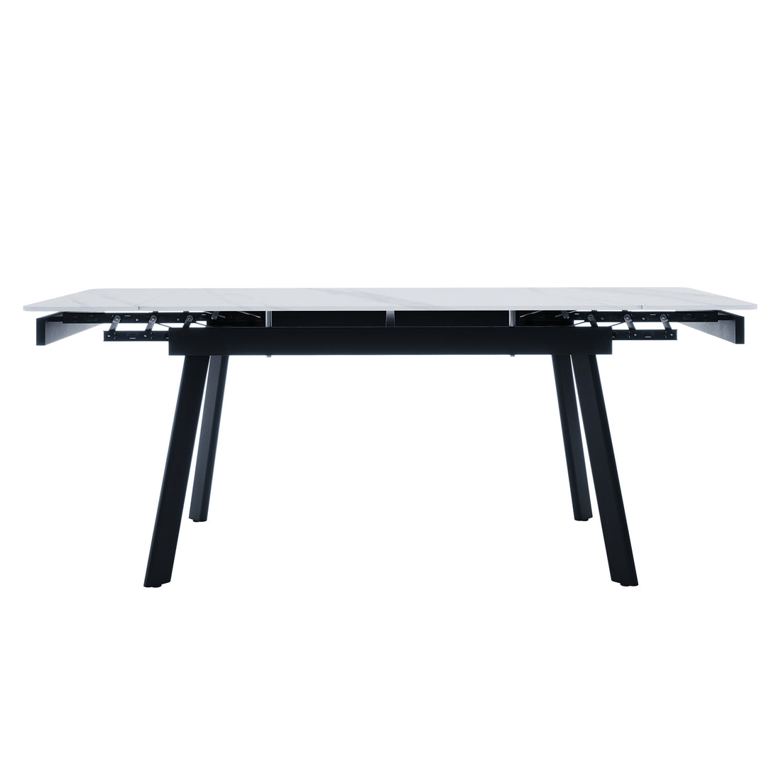 Rheed 197cm Extendable Ceramic Porcelain Dining Table White features a white marble-patterned top with extension hardware and angled black metal legs, showcasing a modern, versatile design for stylish dining.