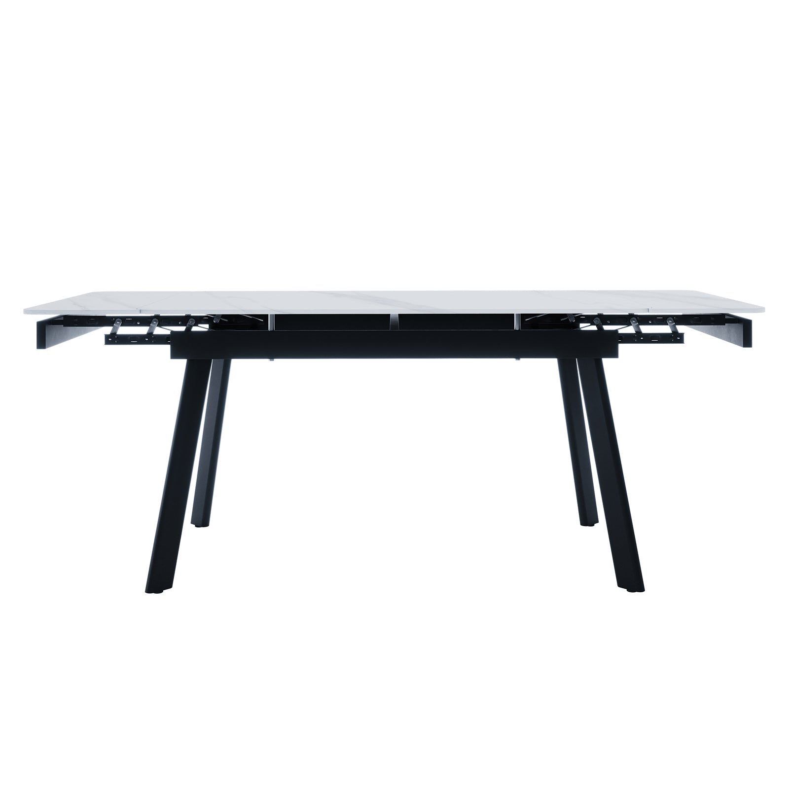 Rheed 197cm Extendable Ceramic Porcelain Dining Table White features a white marble-patterned top with extension hardware and angled black metal legs, showcasing a modern, versatile design for stylish dining.