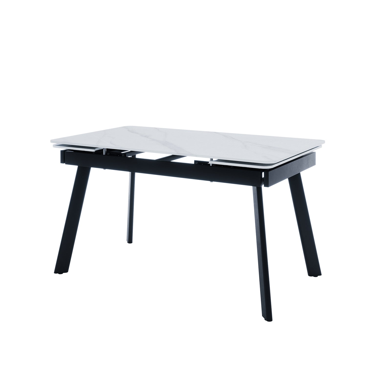 Rheed 197cm Extendable Ceramic Porcelain Dining Table White features a sleek, modern design with a marble-look top, black angled legs, and an extendable two-piece top on a sturdy black metal frame.
