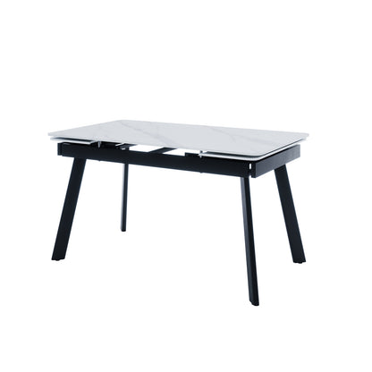 Rheed 197cm Extendable Ceramic Porcelain Dining Table White features a sleek, modern design with a marble-look top, black angled legs, and an extendable two-piece top on a sturdy black metal frame.