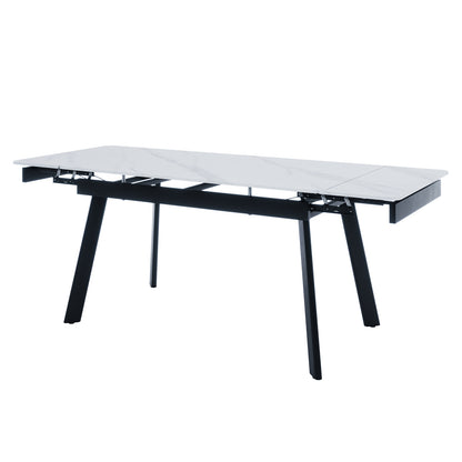 Rheed 197cm Extendable Ceramic Porcelain Dining Table White with a split faux-marble top, black metal frame, splayed legs; end sections pulled outward revealing extension mechanism.