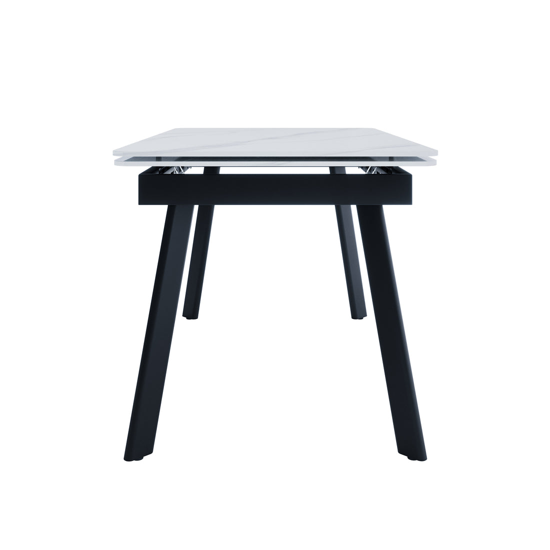 Rheed 197cm Extendable Ceramic Porcelain Dining Table features a sleek white top with four black, splayed legs, showcasing a modern design ideal for versatile dining or workspace needs.