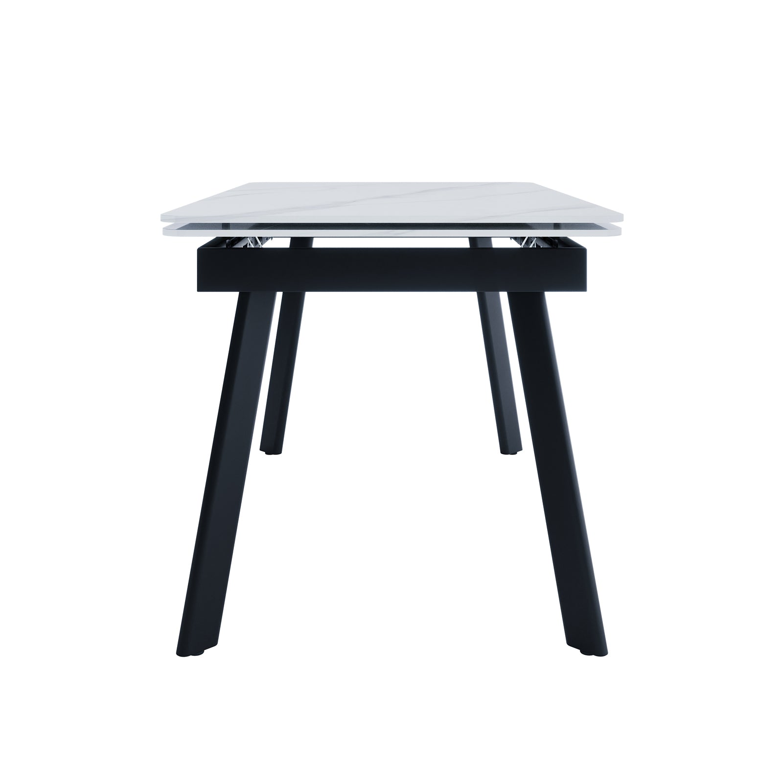 Rheed 197cm Extendable Ceramic Porcelain Dining Table features a sleek white top with four black, splayed legs, showcasing a modern design ideal for versatile dining or workspace needs.