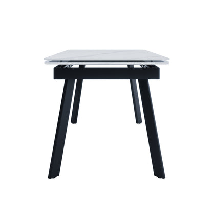 Rheed 197cm Extendable Ceramic Porcelain Dining Table features a sleek white top with four black, splayed legs, showcasing a modern design ideal for versatile dining or workspace needs.