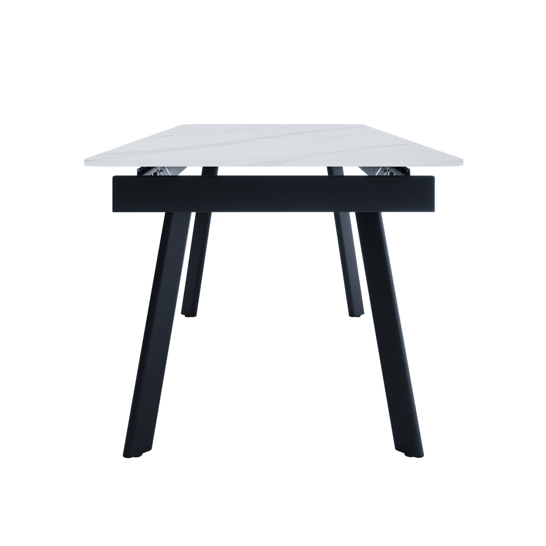 Rheed 197cm Extendable Ceramic Porcelain Dining Table with a white marble-look top and black outward-angled legs, showcasing its sleek, modern design and visible extension mechanism beneath the tabletop.