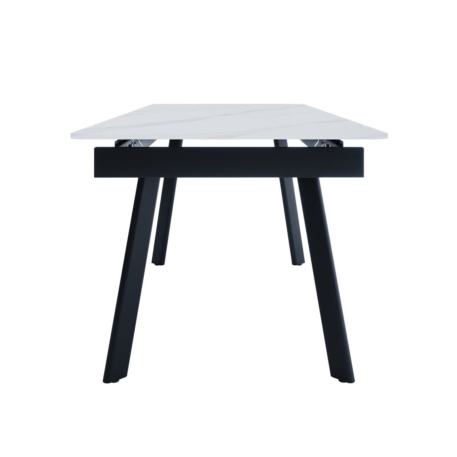Rheed 197cm Extendable Ceramic Porcelain Dining Table with a white marble-look top and black outward-angled legs, showcasing its sleek, modern design and visible extension mechanism beneath the tabletop.