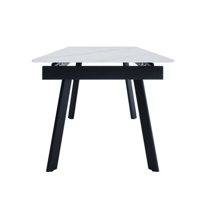 Rheed 197cm Extendable Ceramic Porcelain Dining Table with a white marble-look top and black outward-angled legs, showcasing its sleek, modern design and visible extension mechanism beneath the tabletop.