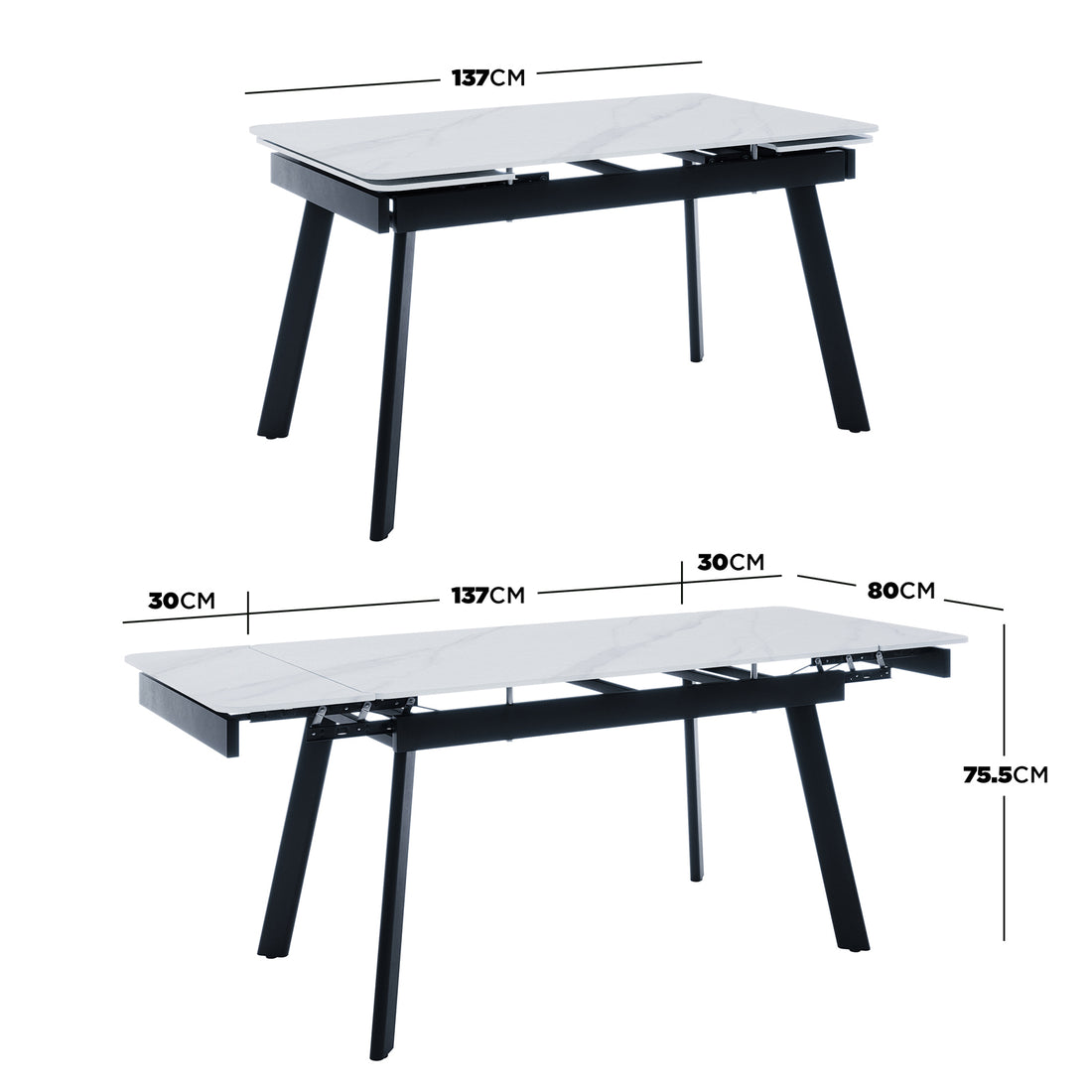 Rheed 197cm Extendable Ceramic Porcelain Dining Table White features a sleek marble-look top, black metal frame, and extendable design, expanding from 137cm to 197cm with two inset leaves for versatility.