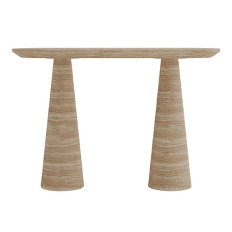 Rockwell Textured Concrete Console Table in Beige features a smooth oval top with unique cone-shaped bases, showcasing a modern artistic design that combines style with functionality.