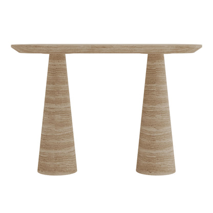 Rockwell Textured Concrete Console Table in Beige features a smooth oval top with unique cone-shaped bases, showcasing a modern artistic design that combines style with functionality.
