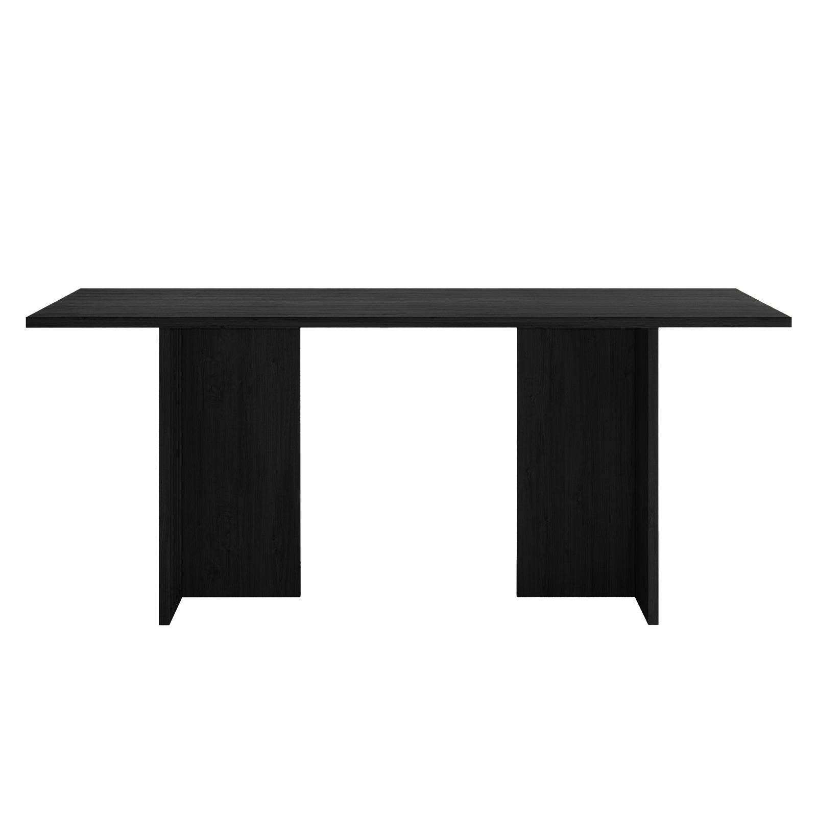 Rowley 180cm Dining Table Black with a sleek, rectangular black-stained wood top and two vertical panel supports, set against a plain white background, showcasing its minimalist modern design.