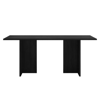 Rowley 180cm Dining Table Black with a sleek, rectangular black-stained wood top and two vertical panel supports, set against a plain white background, showcasing its minimalist modern design.