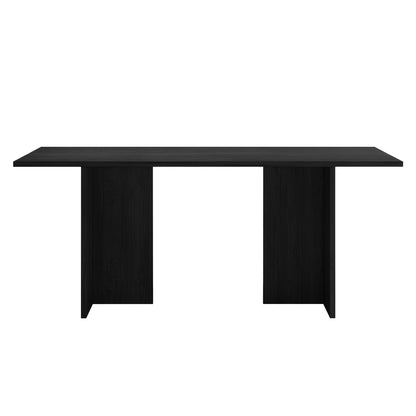 Rowley 180cm Dining Table Black with a sleek, rectangular black-stained wood top and two vertical panel supports, set against a plain white background, showcasing its minimalist modern design.