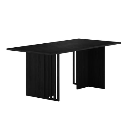 Rowley 180cm Dining Table Black, featuring a sleek, rectangular design with a flat tabletop. One solid panel leg contrasts with an open, slatted leg, creating a modern, architectural look.
