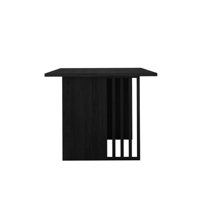 Rowley 180cm Dining Table Black features a minimalist design with a rectangular top, solid panel leg, and slatted frame leg, combining modern elegance and functionality against a simple backdrop.