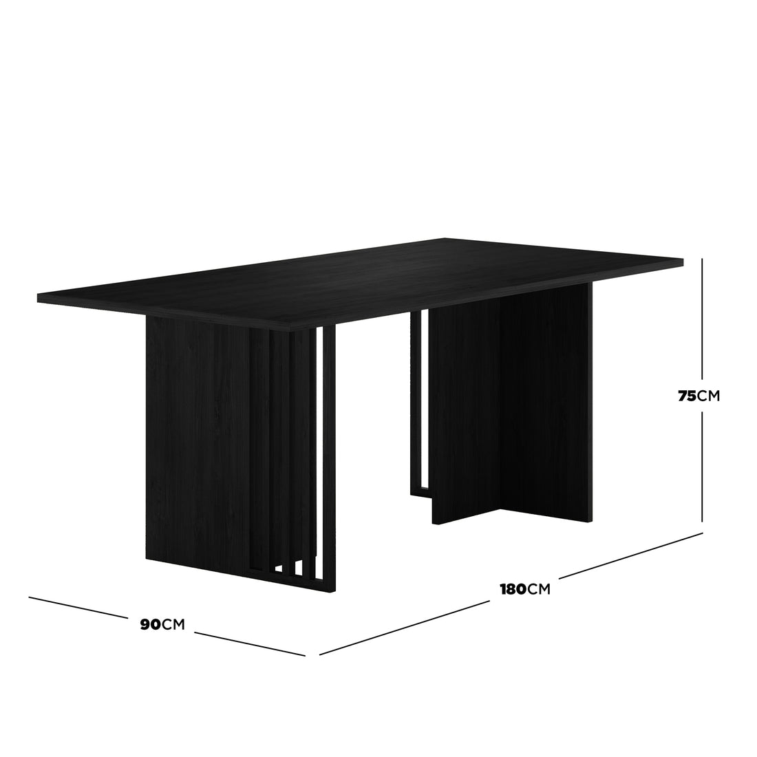 Rowley 180cm Dining Table Black; modern rectangular design with minimalist support. Features solid side panels and central vertical slats, crafted from engineered wood with an oak melamine finish for a sleek look.