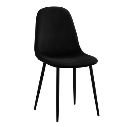 The Rylee 120cm Black Round Table w/ 4 Halsa Chairs Dining Set showcases a sleek round glass table with striking X-shaped legs and four elegant high-backed velvet chairs.