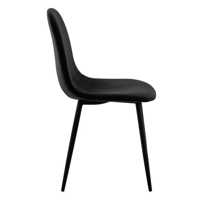 The Rylee 120cm Black Round Table w/ 4 Halsa Chairs Dining Set features a close-up of a black chair with metal legs, emphasizing its sleek design and modern armrest.