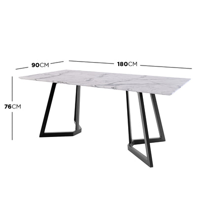 Salen 180cm White Marble Dining Table with a sleek marble feel top and distinctive black geo design metal legs, seating up to 8, perfect for modern dining settings.
