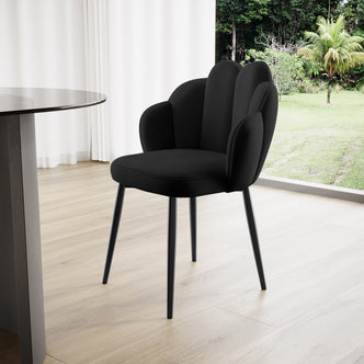 Sally Velvet Upholstered Flower Dining Chair Black Set of 2 featuring plush velvet fabric, sleek metal legs, and anti-slip feet pads, offering modern style and comfort in any dining or living space.