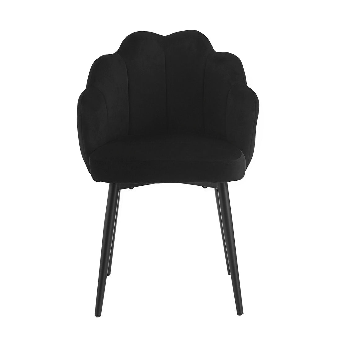 Sally Scalloped Velvet Dining Chair Set of 2 in Black featuring a scallop-shaped velvet back, curved armrests, and slim black metal legs, embodying a modern, elegant design.