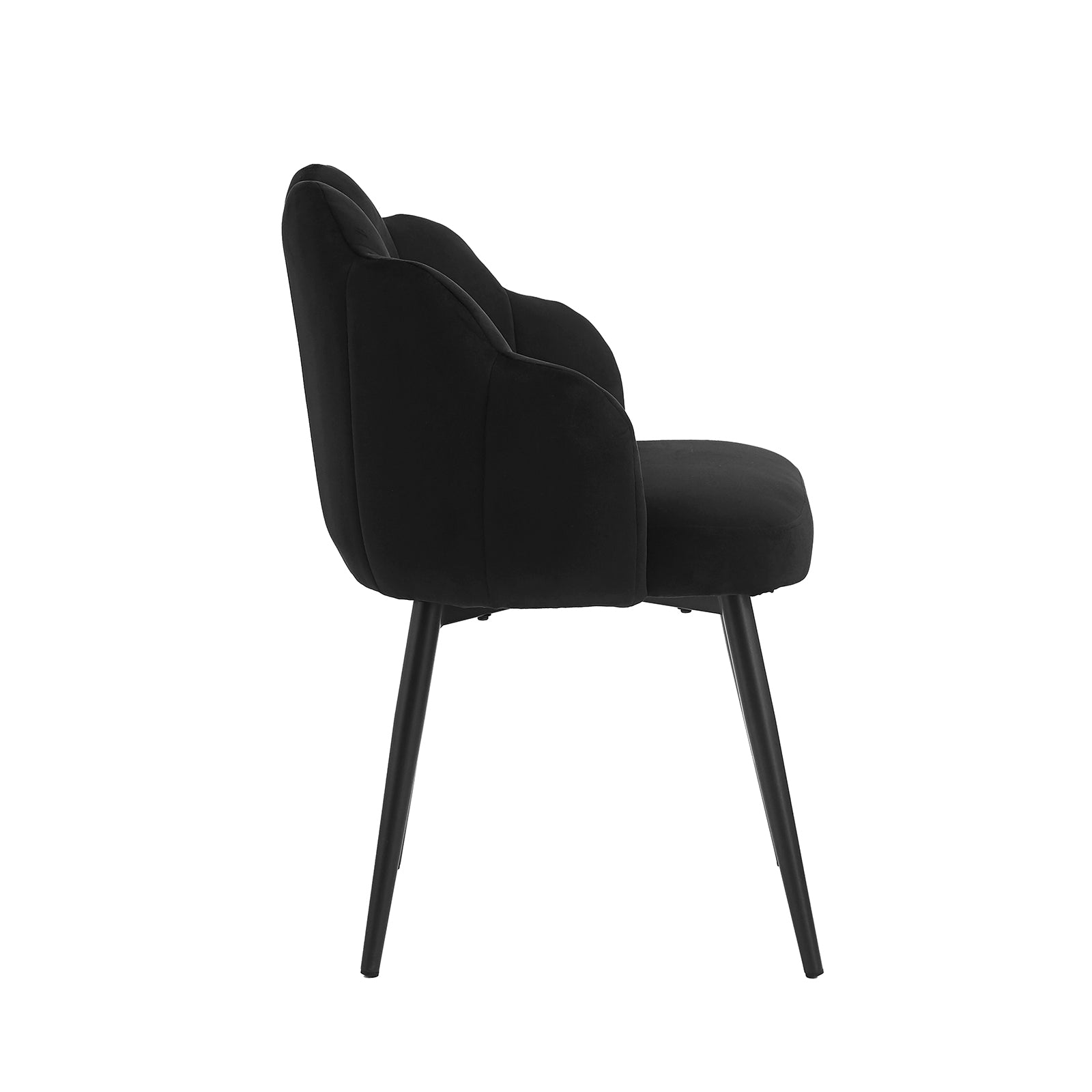 Sally Scalloped Velvet Dining Chair Set of 2 in Black; features a side view of a scalloped, upholstered back and seat with sleek, tapered metal legs, showcasing modern elegance.