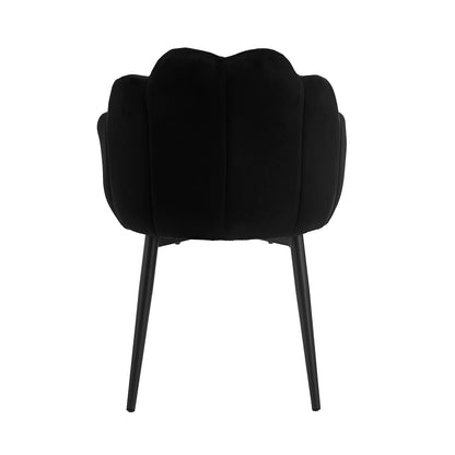 Sally Scalloped Velvet Dining Chair Set of 2 in Black, showcasing a deep-black velvet scalloped backrest and slim, tapered metal legs. The chair features an integrated low-profile padded seat for a sleek, modern look.