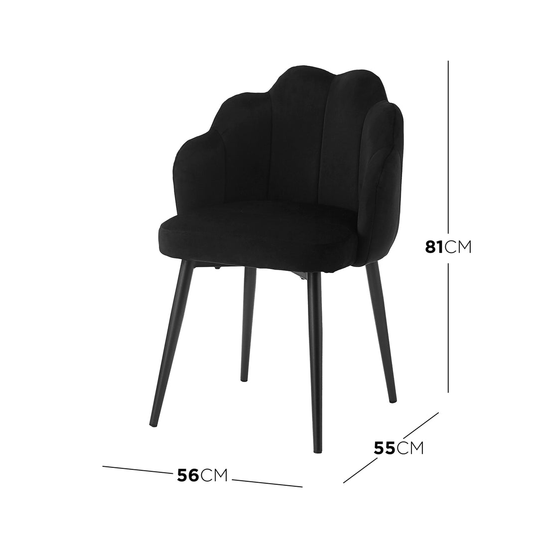 Sally Scalloped Velvet Dining Chair Set of 2 in Black, featuring a shell-style backrest, integrated arm support, and slender black metal legs, exuding modern elegance and comfort.