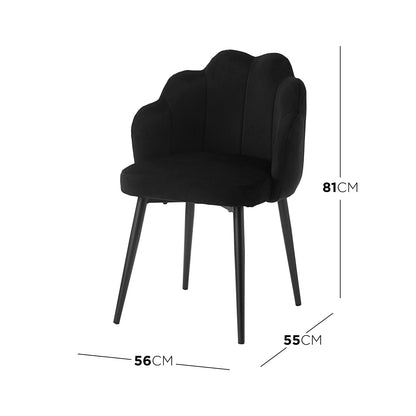 Sally Scalloped Velvet Dining Chair Set of 2 in Black, featuring a shell-style backrest, integrated arm support, and slender black metal legs, exuding modern elegance and comfort.