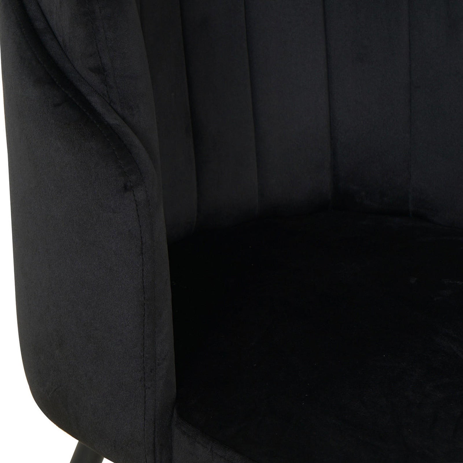 Scarlett Dining Chair Set of 6 in Black features a close-up of the chair's soft, velvet-style upholstery with vertical channel stitching on the backrest and a sleek arm design.