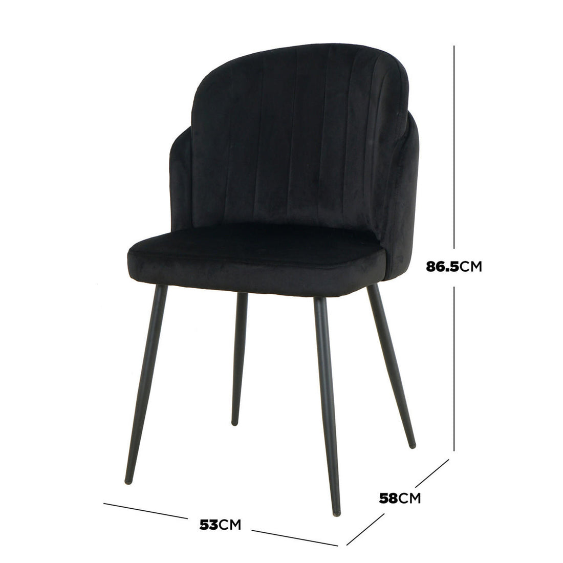 Scarlett Dining Chair Set of 6 in Black features a modern design with a black velvet-like upholstered seat, vertically-channeled backrest, and slender splayed metal legs. Dimensions: 53 cm W, 58 cm D, 86.5 cm H.