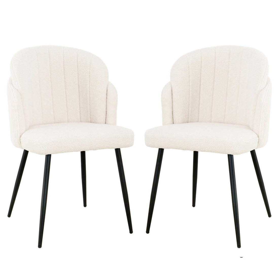 Scarlett Boucle Dining Chair Set of 2 in Cream White, featuring cream-white, channel-stitched upholstered seats and backs on splayed black metal legs, offering a modern and elegant dining experience.