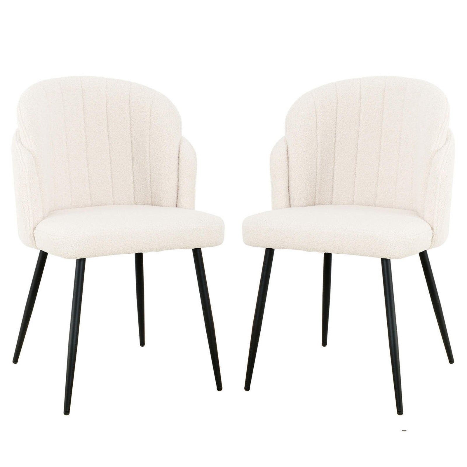 Scarlett Boucle Dining Chair Set of 2 in Cream White, featuring cream-white, channel-stitched upholstered seats and backs on splayed black metal legs, offering a modern and elegant dining experience.