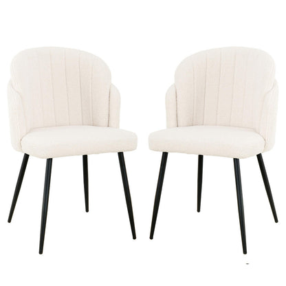 Scarlett Boucle Dining Chair Set of 2 in Cream White, featuring cream-white, channel-stitched upholstered seats and backs on splayed black metal legs, offering a modern and elegant dining experience.
