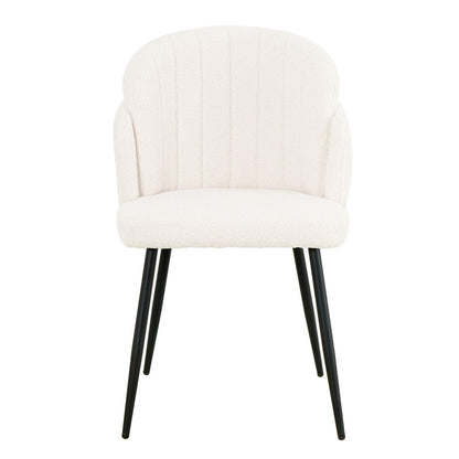 Scarlett Boucle Dining Chair Set of 2 in Cream White features gently curved, upholstered seats with subtle vertical channeling, supported by slim, tapered black metal legs for an elegant dining experience.