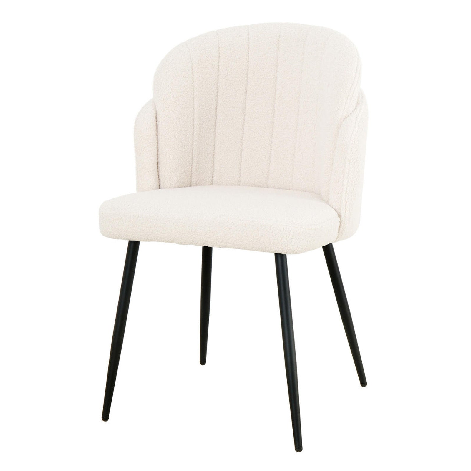 Scarlett Boucle Dining Chair Set of 2 in Cream White features off-white bouclé upholstery with subtle channeling, resting on slender black metal legs, offering a modern and elegant dining solution.