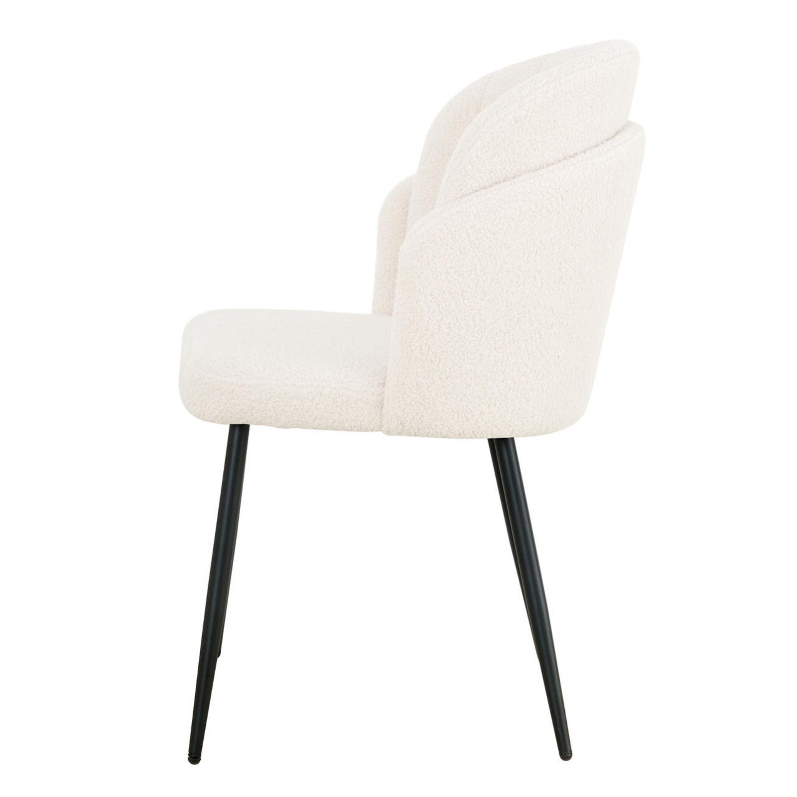Scarlett Boucle Dining Chair Set of 2 in Cream White features modern, curved padded seats and backs in textured fabric, supported by slender black metal legs, blending elegance with durability.