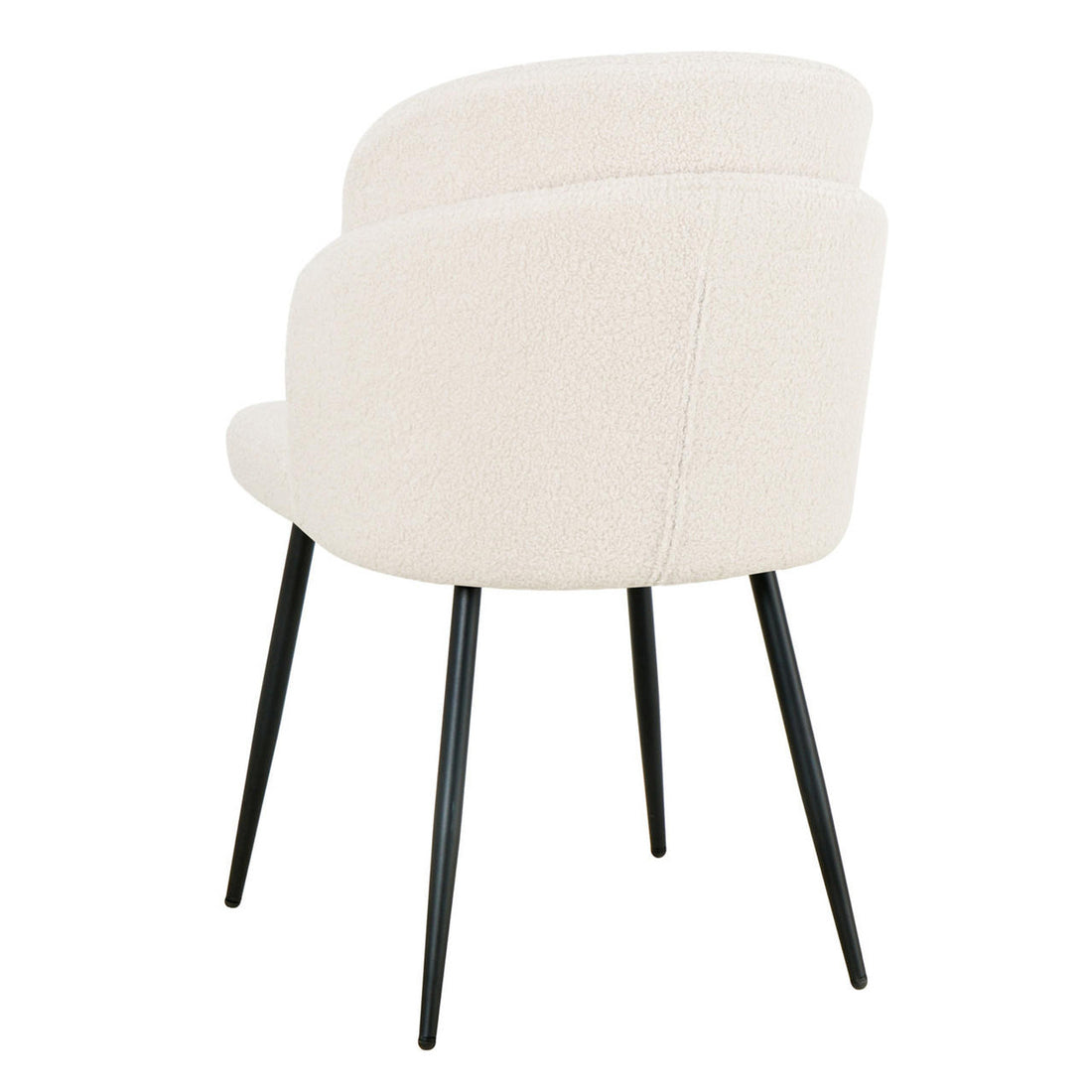 Scarlett Boucle Dining Chair Set of 2 in Cream White, featuring a low tub profile, wraparound back, arm-style sides, cream boucle upholstery, and four slender black metal legs for a modern, mid-century look.
