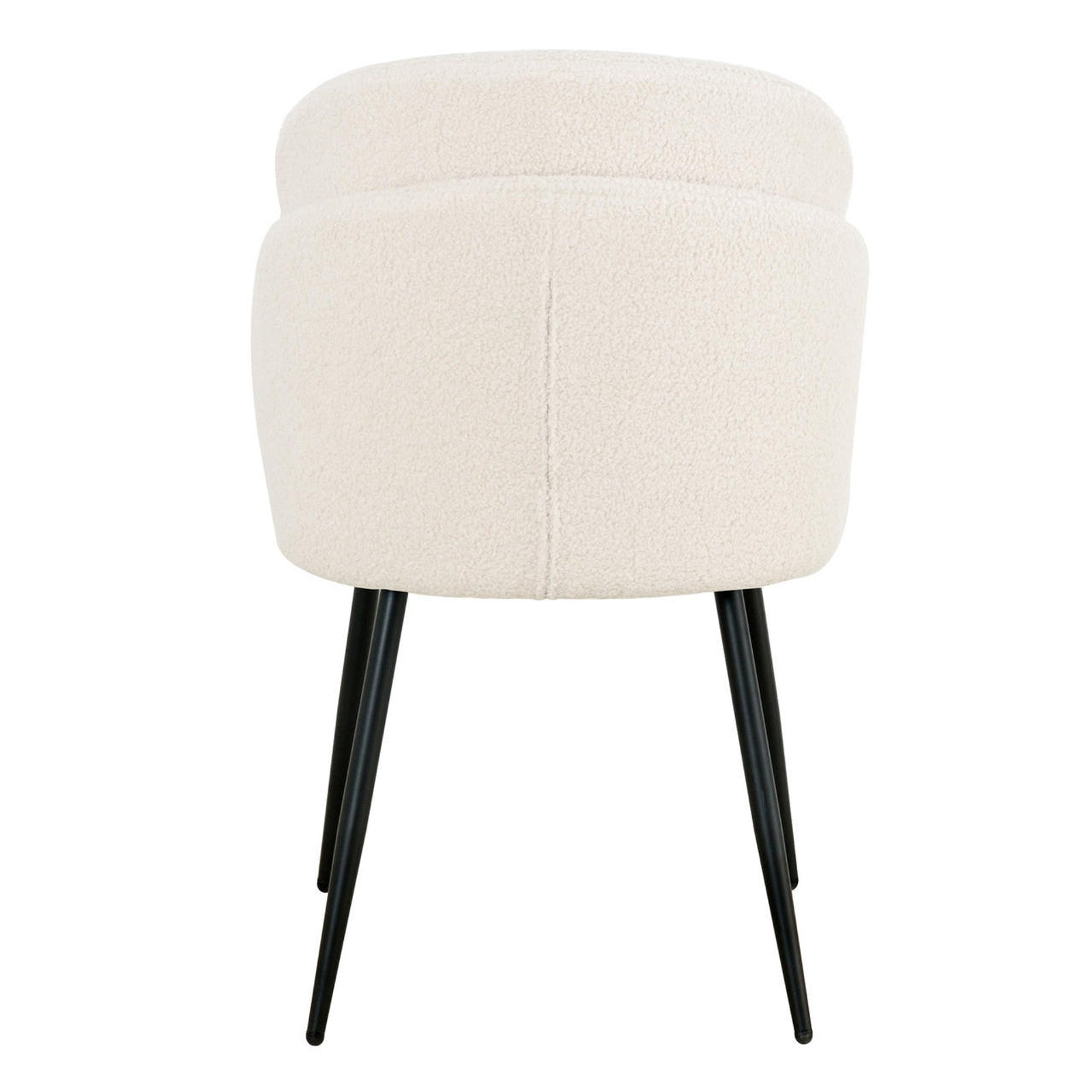 Scarlett Boucle Dining Chair Set of 2 in Cream White, featuring a modern design with a low, curved back, upholstered in textured boucle fabric, supported by slender black metal legs.