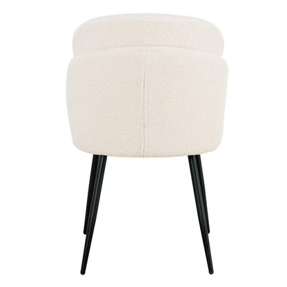 Scarlett Boucle Dining Chair Set of 2 in Cream White, featuring a modern design with a low, curved back, upholstered in textured boucle fabric, supported by slender black metal legs.