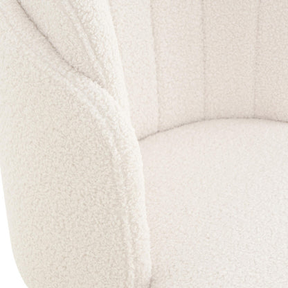 Scarlett Boucle Dining Chair Set of 2 in Cream White, showcasing the chair's soft, nubby boucle fabric on its curved back, armrest, and seat, highlighting its elegant and textured surface.