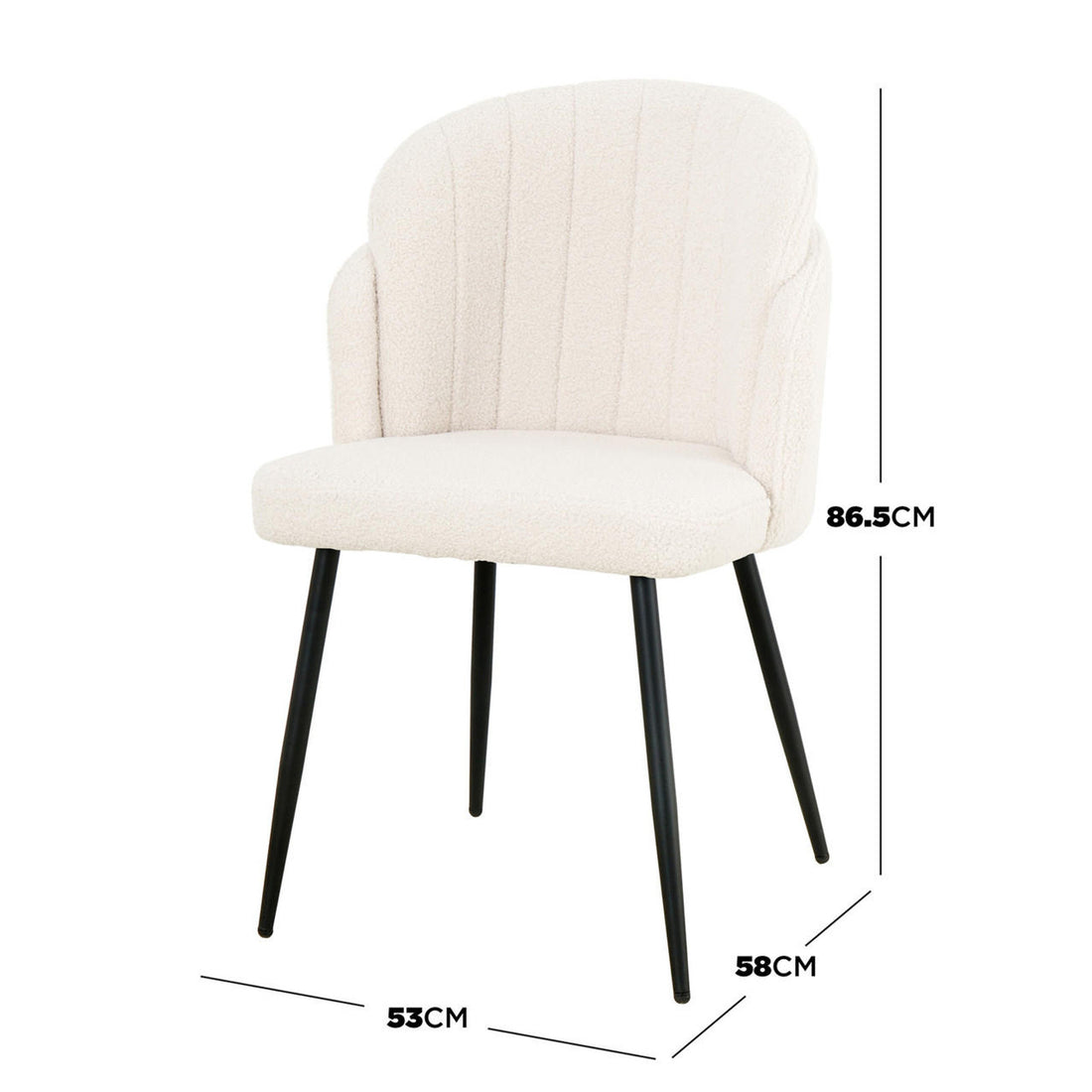 Scarlett Boucle Dining Chair Set of 2 in Cream White, featuring off-white boucle fabric, slim black metal legs, and dimensions 53x58x86.5 cm, offering a modern, elegant look for any dining space.