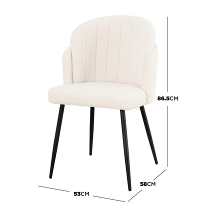Scarlett Boucle Dining Chair Set of 2 in Cream White, featuring off-white boucle fabric, slim black metal legs, and dimensions 53x58x86.5 cm, offering a modern, elegant look for any dining space.