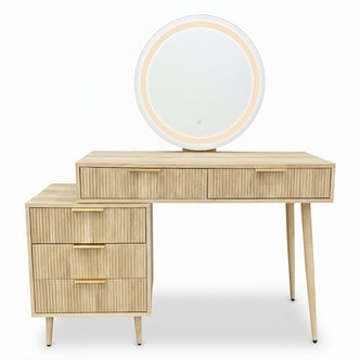 Serenity Dressing Table with Touch Screen Mirror in Natural, featuring a light-wood finish, three fluted-front drawers, a large LED-lit round mirror, and slender, tapered legs for a mid-century-inspired look.