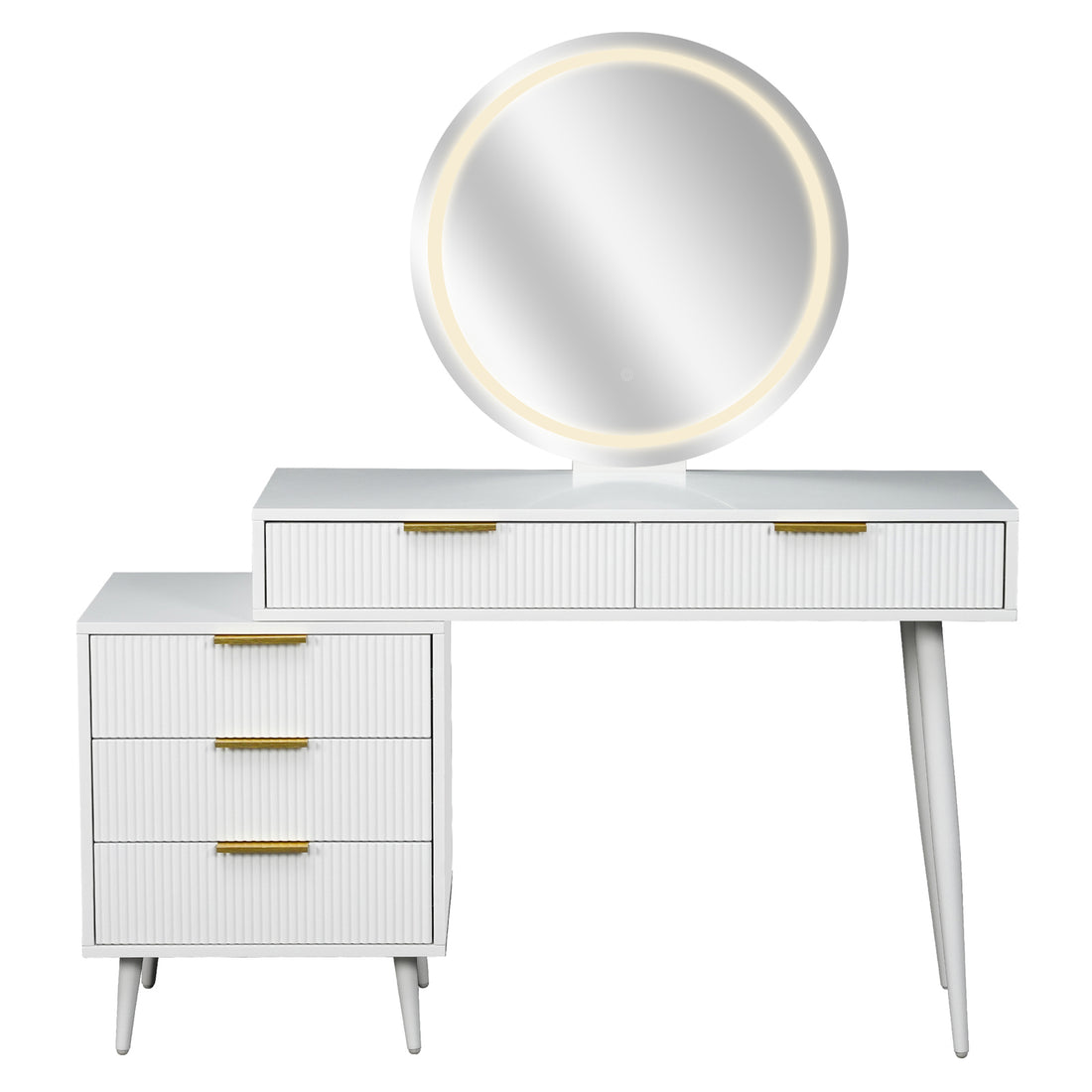 Serenity Makeup Vanity Table with LED Touch Mirror in White features a gloss finish, fluted drawers with brass-tone handles, a round LED mirror, and sleek mid-century-style legs for modern elegance.
