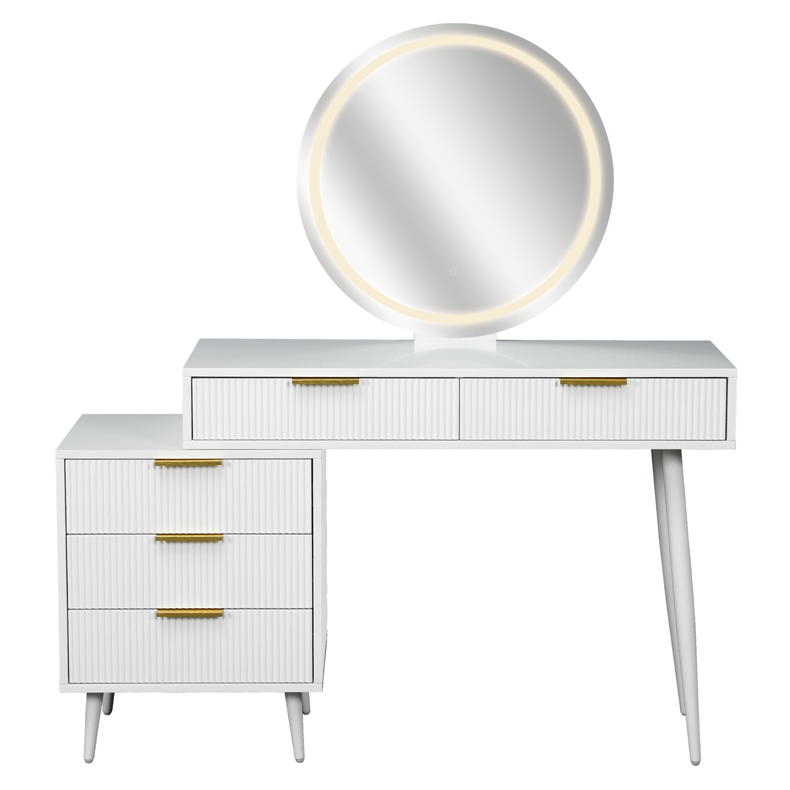 Serenity Makeup Vanity Table with LED Touch Mirror in White features a gloss finish, fluted drawers with brass-tone handles, a round LED mirror, and sleek mid-century-style legs for modern elegance.