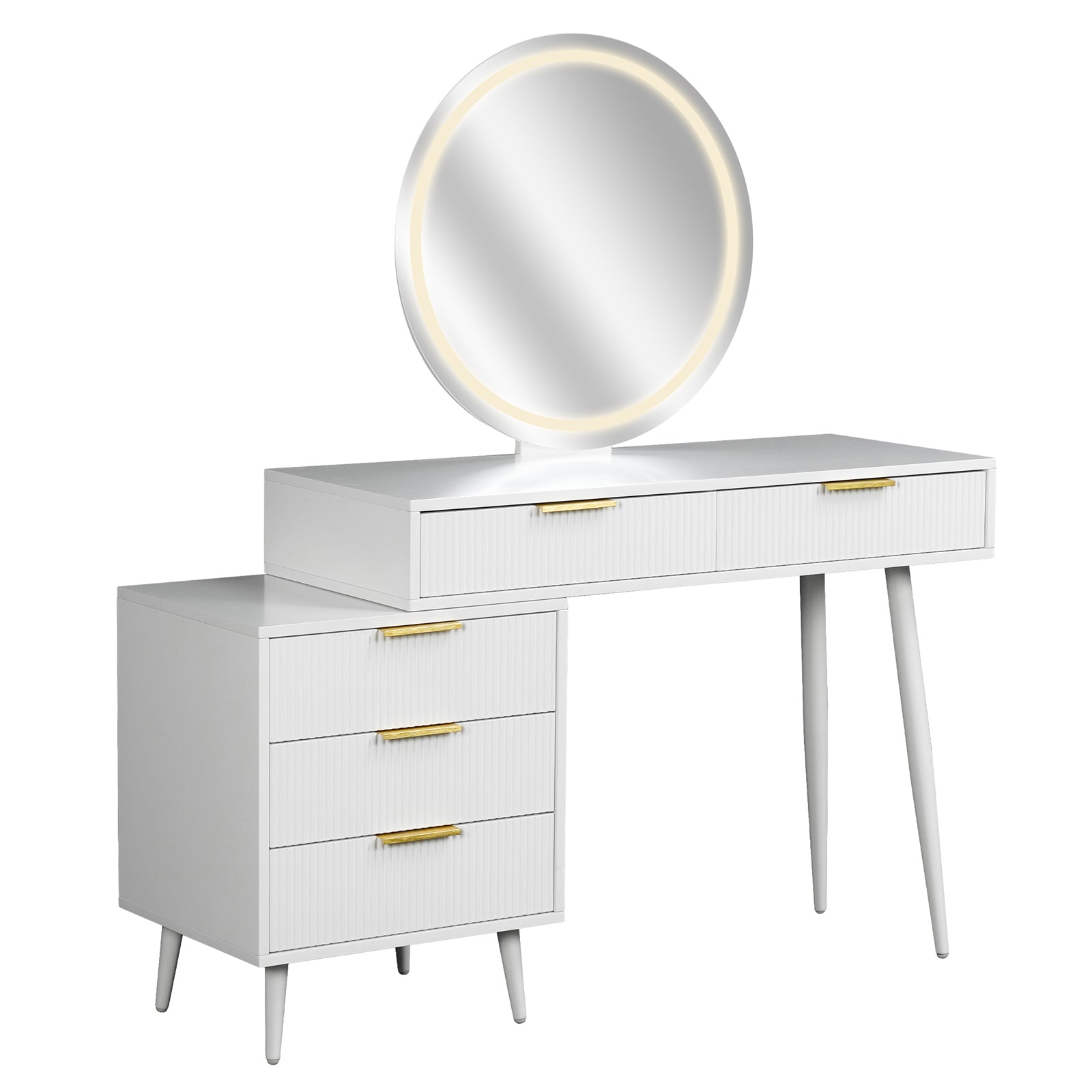 Serenity Makeup Vanity Table with LED Touch Mirror in White features a rectangular tabletop with fluted drawers, a matching pedestal cabinet, tapered legs, and a large round LED-lit mirror.