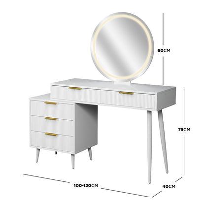 Serenity Makeup Vanity Table with LED Touch Mirror in White features a round mirror with LED light, fluted drawers, and tapered legs, offering stylish storage and adjustable width for versatile use.