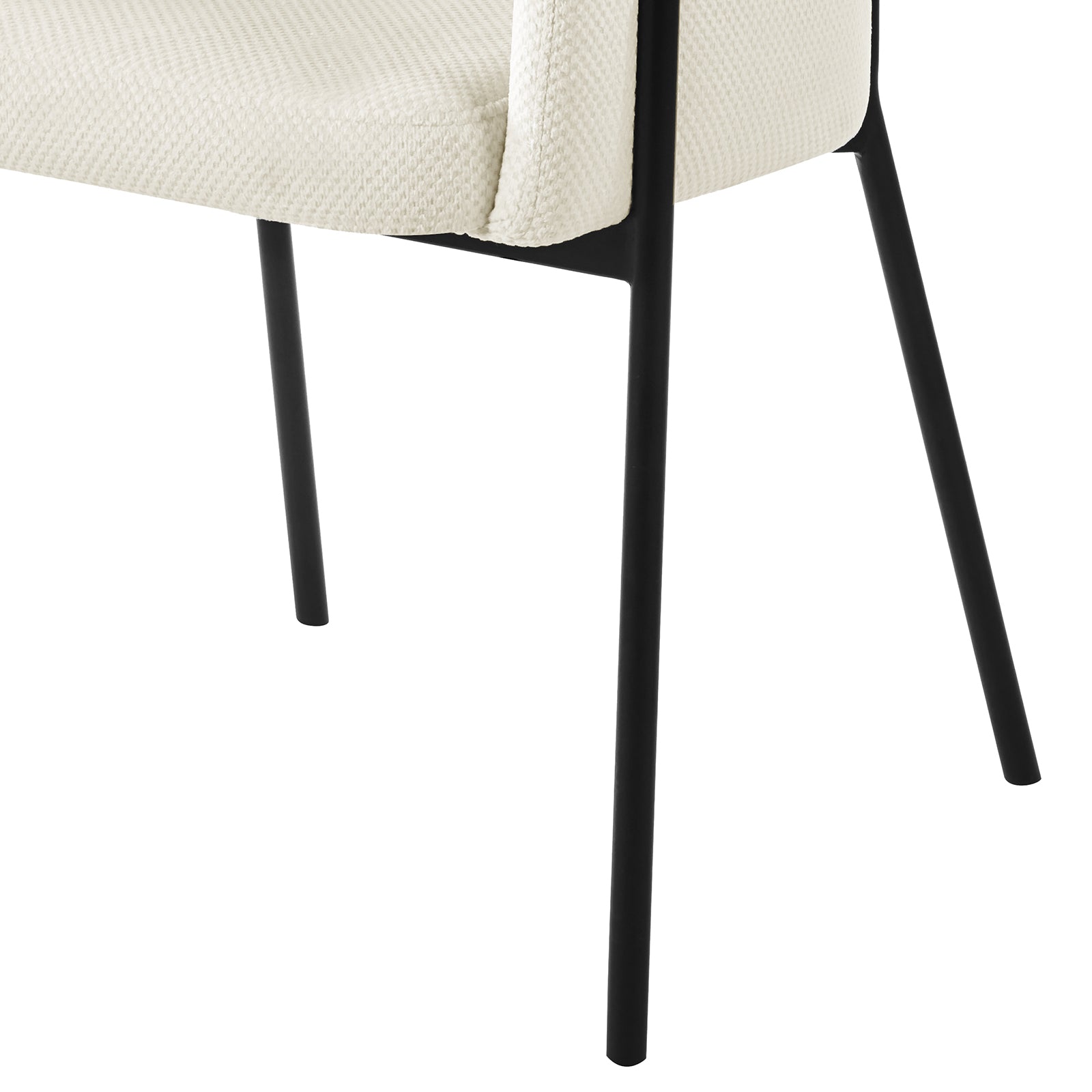 Sofia Chenille Fabric Dining Chair Off White Set of 2 features a white chair with black legs, showcasing a Scandinavian design with a curved backrest and armrest support for elegant dining spaces.