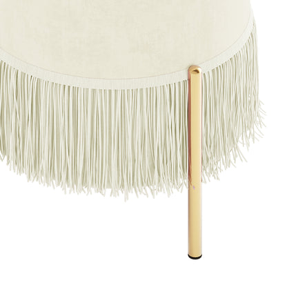 Stacey Tassled Velvet Foot Stool Ottoman in Cream, featuring a plush cream velvet body with fringe tassels and a polished gold-tone leg, ideal for elegant home décor enhancement.